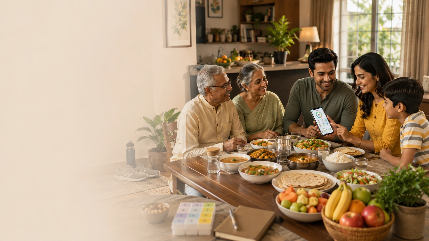 Indian family practicing healthy lifestyle habits together at home with nutritious meals and active routines