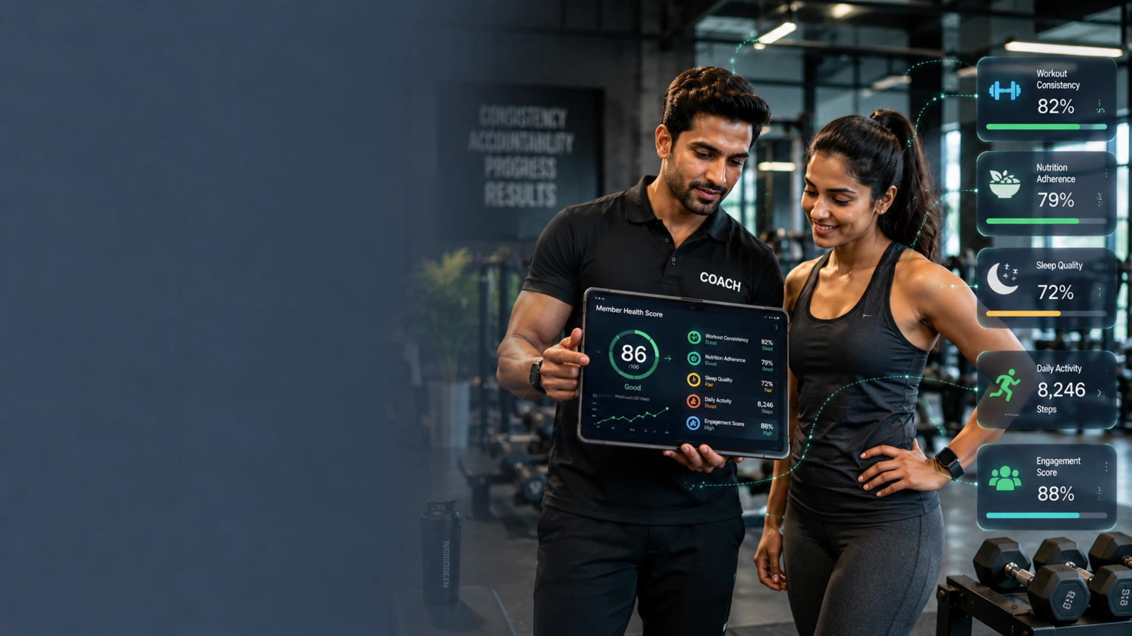 Gym trainer reviewing member health score dashboard with fitness, nutrition, activity, and consistency metrics