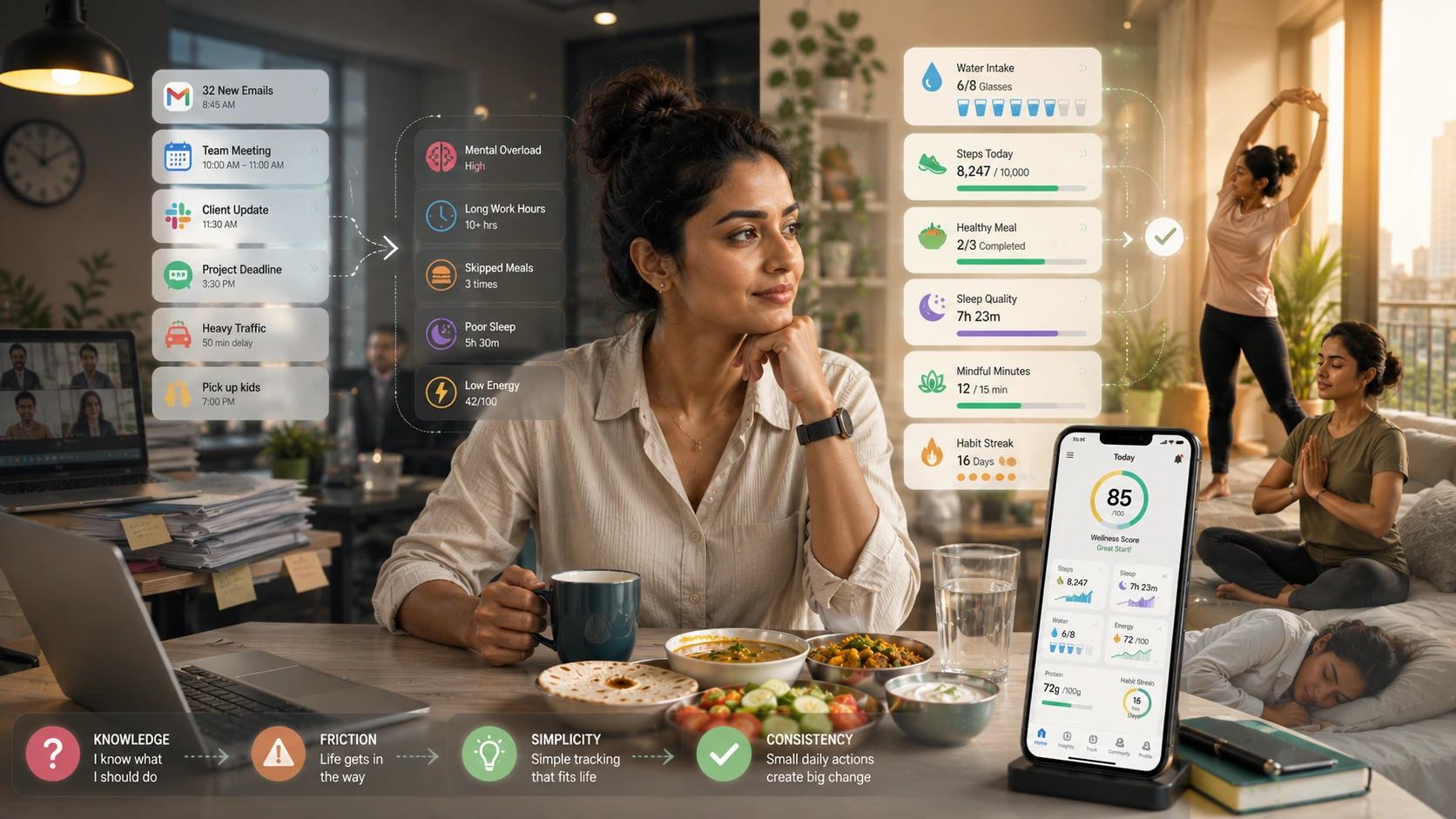Busy Indian professionals balancing work, nutrition, fitness, and healthy habits in everyday life
