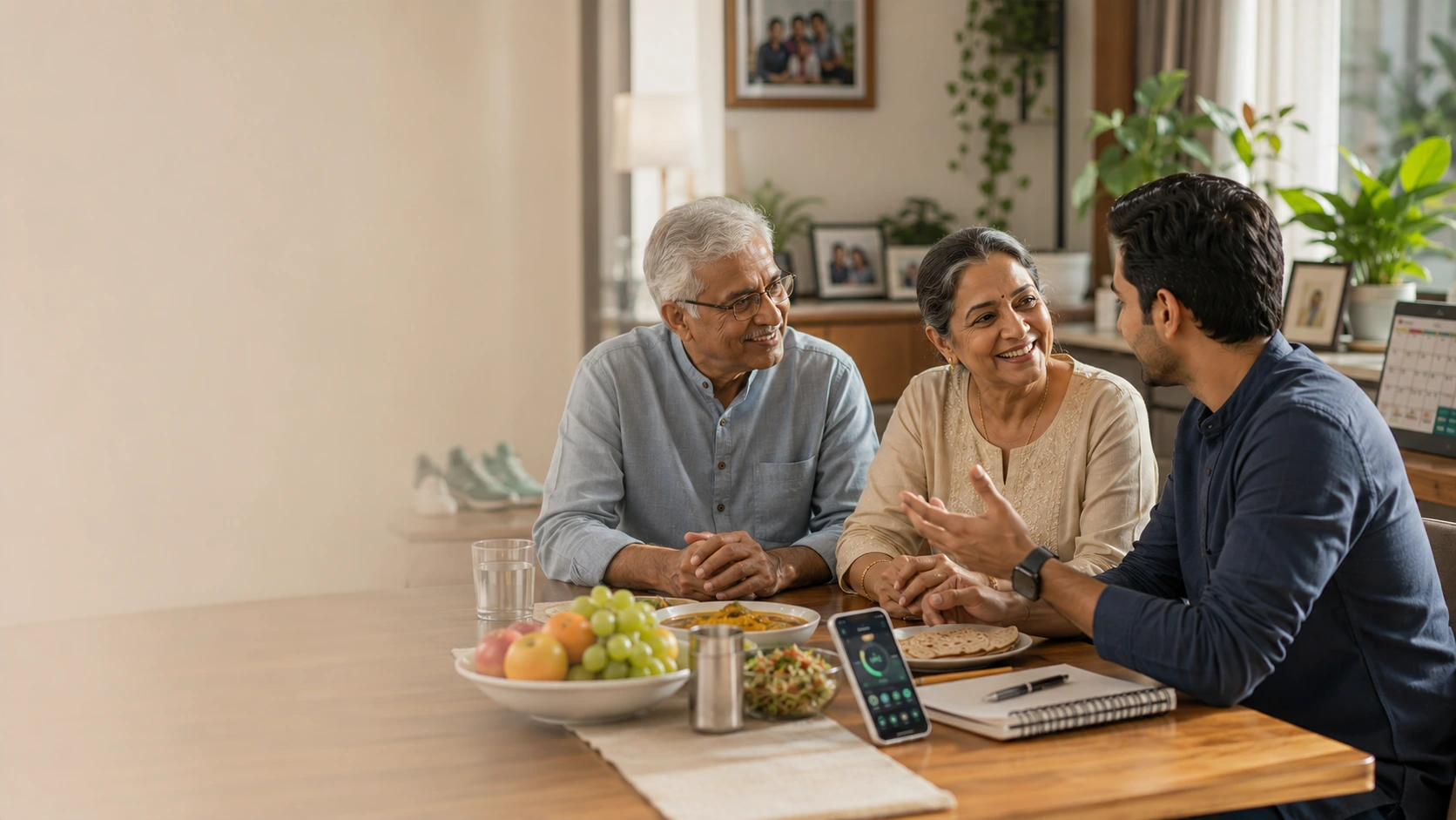 Indian family discussing health and wellness together in a supportive and positive home environment