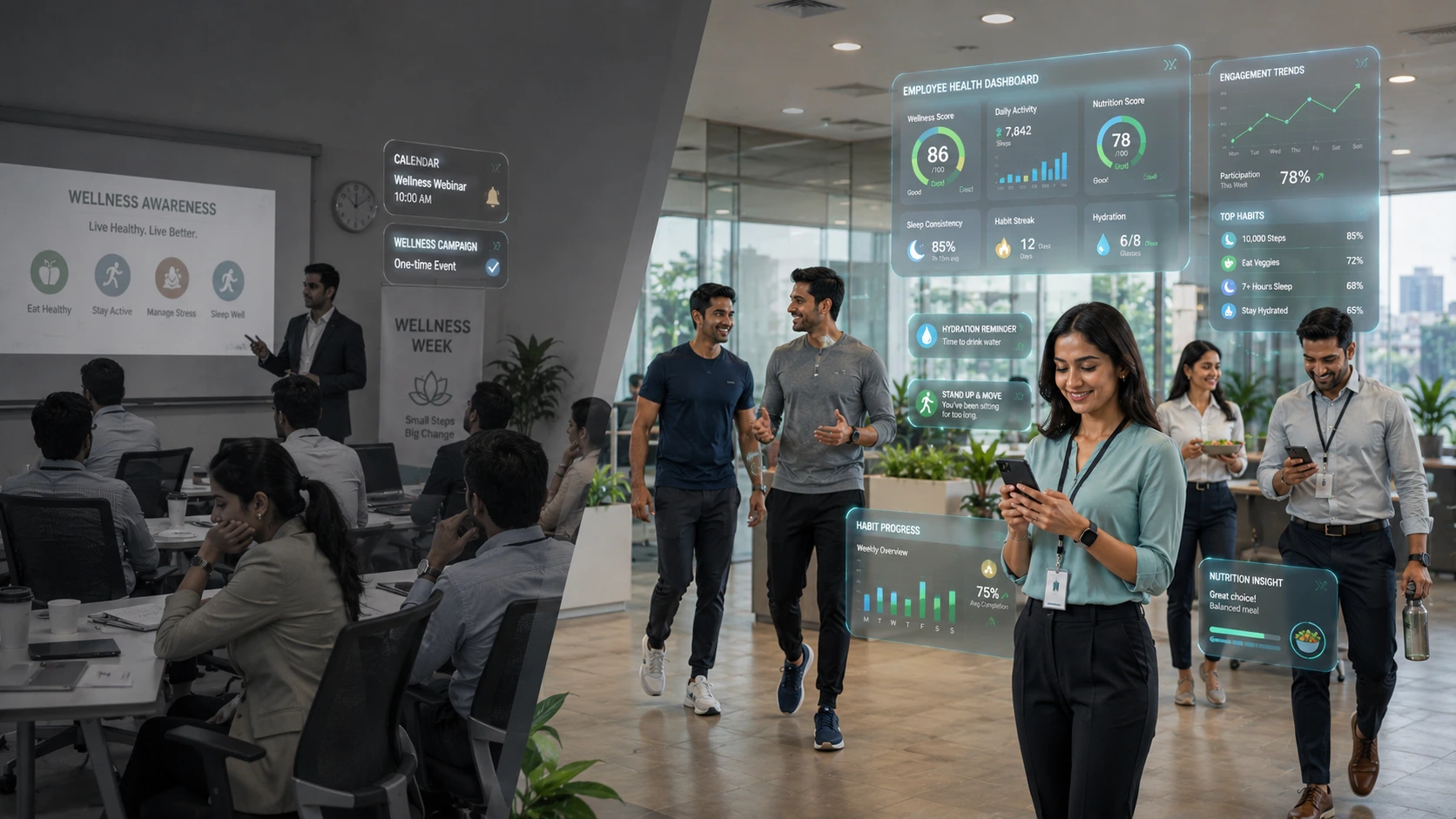 Indian corporate employees participating in a digital wellness program with health tracking and workplace engagement tools