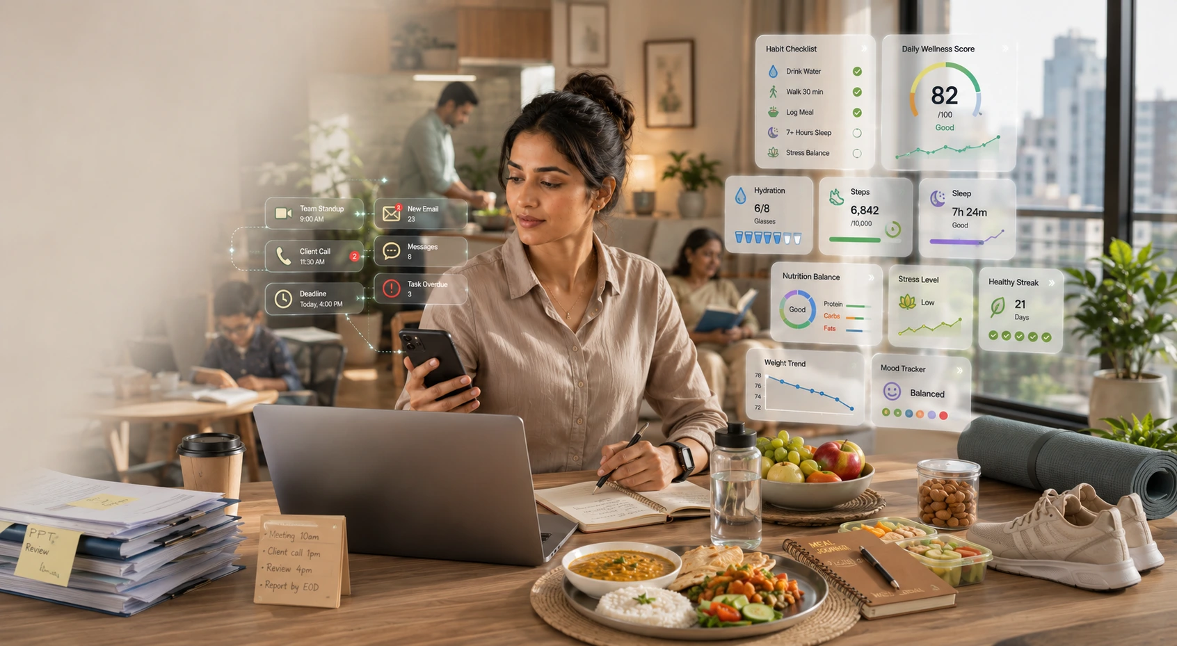 Professional balancing work stress with healthy Indian meals and mindful eating for stress free living and sustainable weight loss