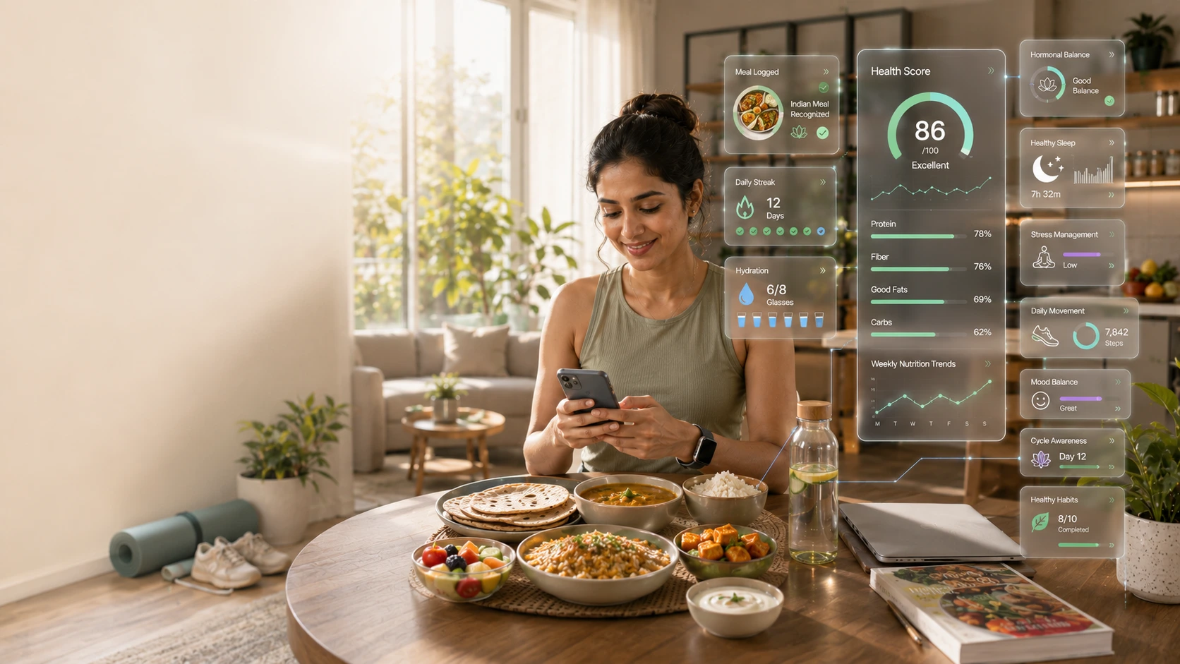 Woman tracking healthy Indian meals on her phone while focusing on hormonal health, balanced nutrition, and sustainable weight management.