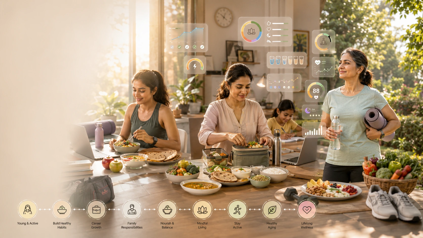 Indian women of different ages following healthy nutrition habits with balanced meals for lifelong wellness
