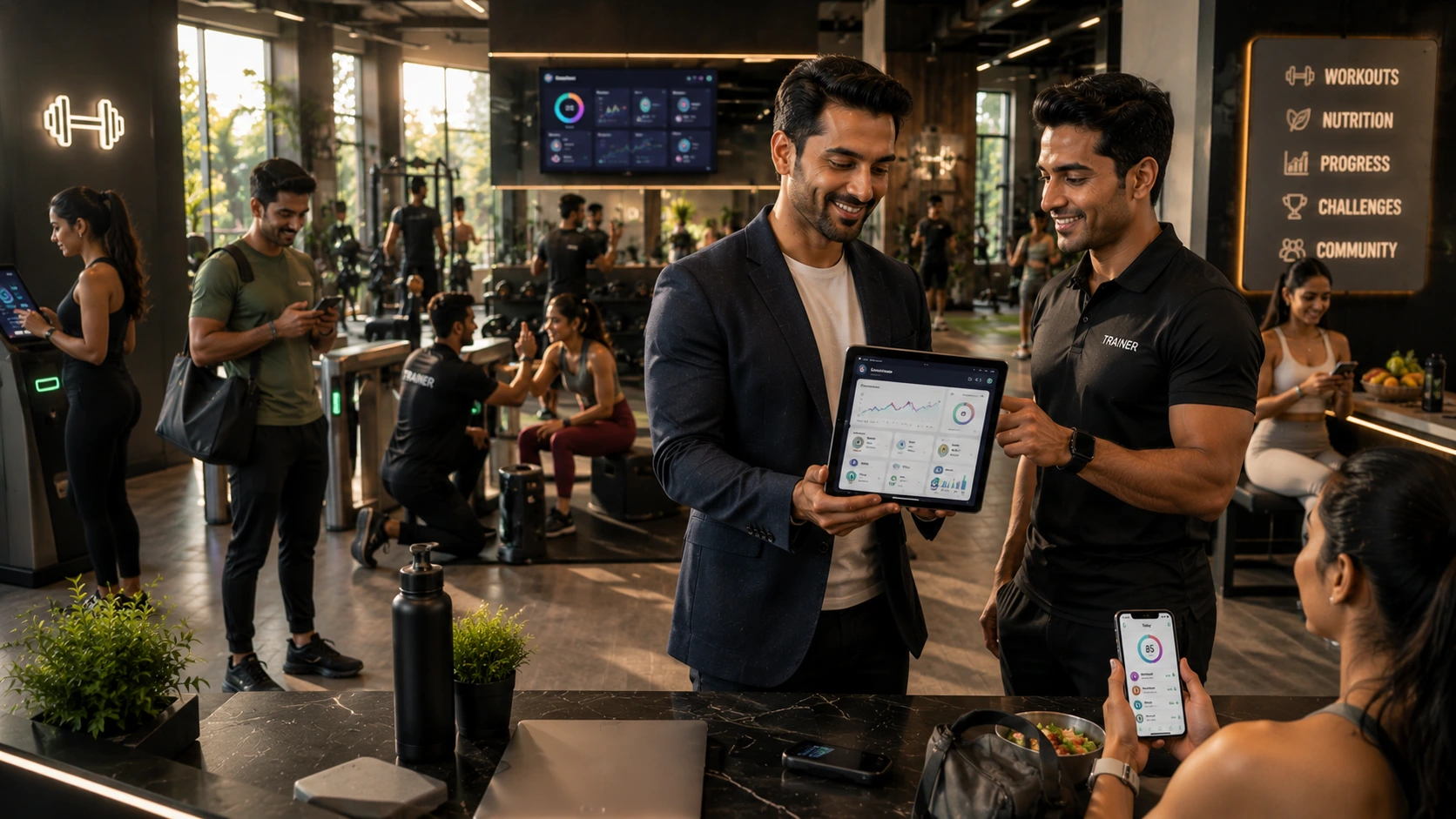 Modern Indian gym owner using gym management software dashboard while trainers and members use a branded fitness app for workouts, nutrition tracking, attendance, and member engagement in a premium fitness club.