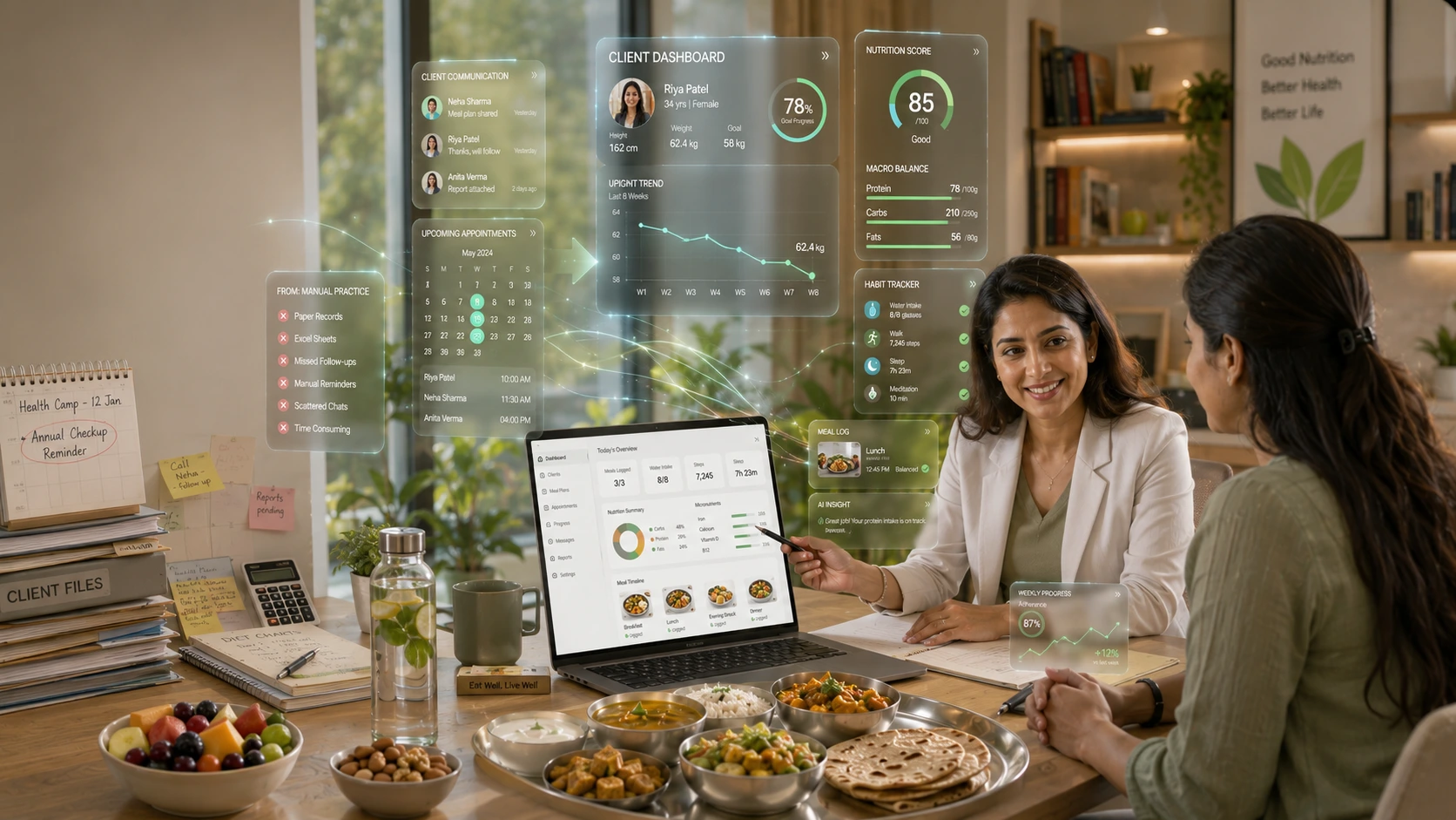 Nutritionist using digital nutrition practice management software to manage client consultations, meal plans, progress tracking, and online coaching.