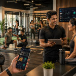 Indian gym owner, trainers, and members using a branded fitness app to manage workouts, nutrition, trainer communication, and member engagement inside a modern premium fitness club.