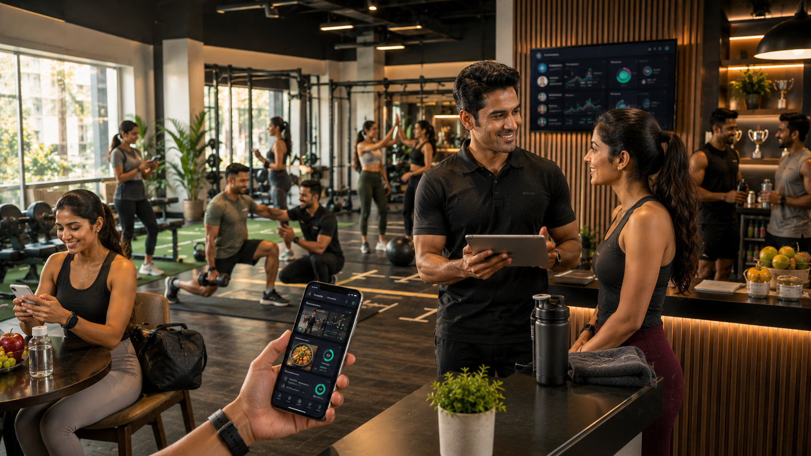 Indian gym owner, trainers, and members using a branded fitness app to manage workouts, nutrition, trainer communication, and member engagement inside a modern premium fitness club.