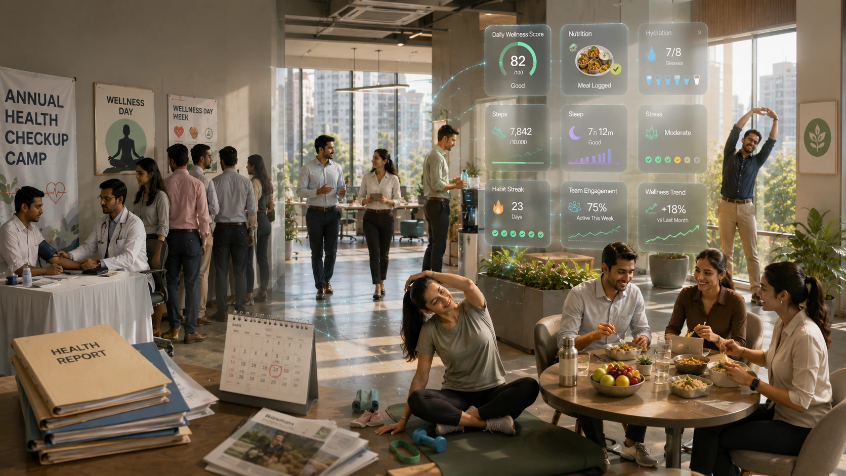 Employees building healthier habits through continuous workplace wellness, nutrition awareness, movement, hydration, and preventive health monitoring.