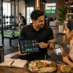 Indian personal trainer reviewing a gym member's nutrition tracking and workout progress on a digital dashboard while the member logs a healthy Indian meal on a smartphone inside a modern premium fitness club.