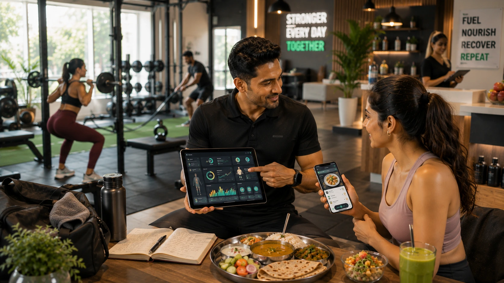 Indian personal trainer reviewing a gym member's nutrition tracking and workout progress on a digital dashboard while the member logs a healthy Indian meal on a smartphone inside a modern premium fitness club.