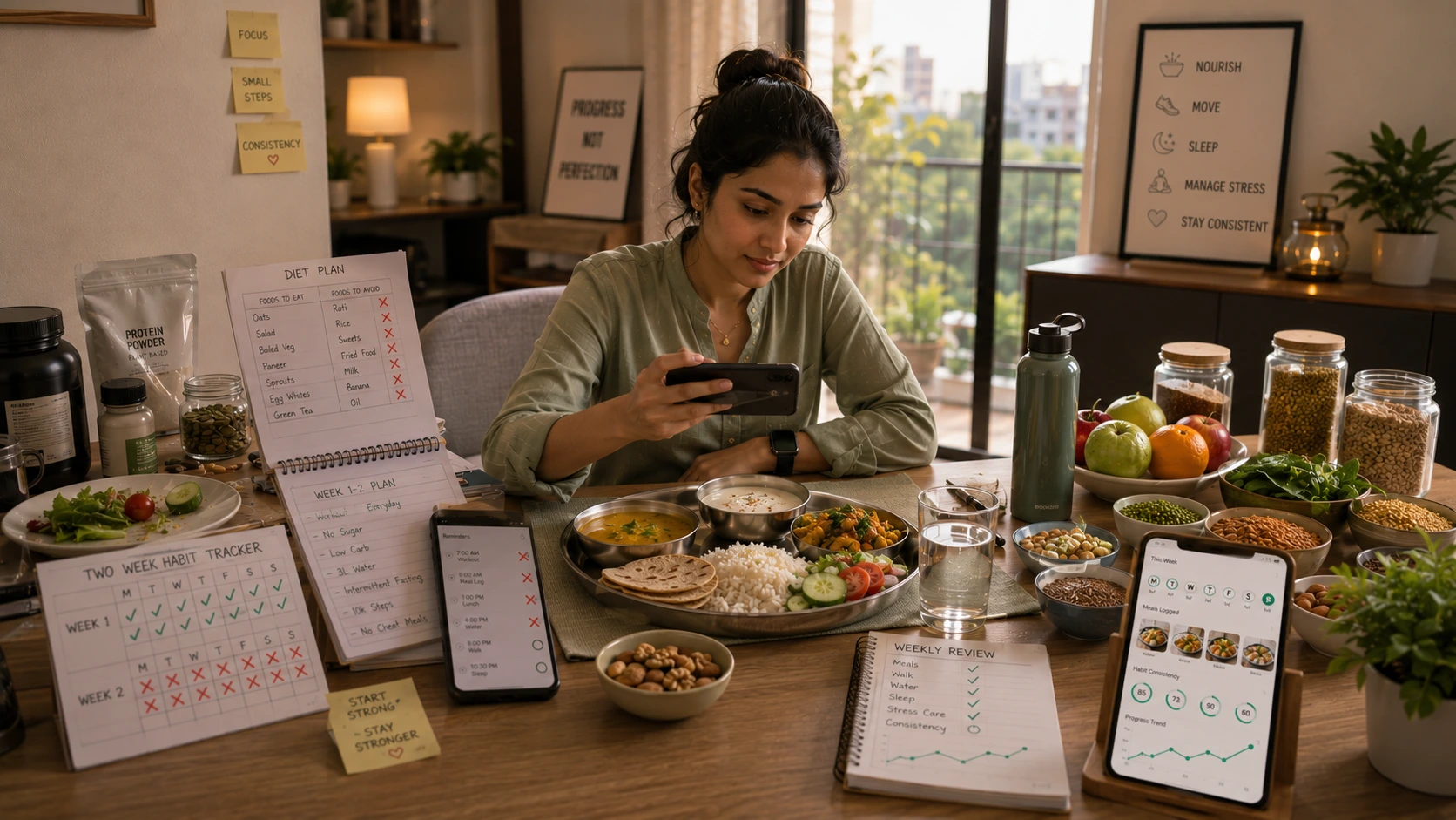Indian woman preparing balanced meals with dal, paneer, vegetables, curd, nuts, and seeds for nutrition for hormonal health and everyday women's wellness.