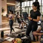 Indian personal trainer using digital coaching software to manage online and in-person clients, create workout programs, track nutrition, monitor client progress, and grow their fitness coaching business.