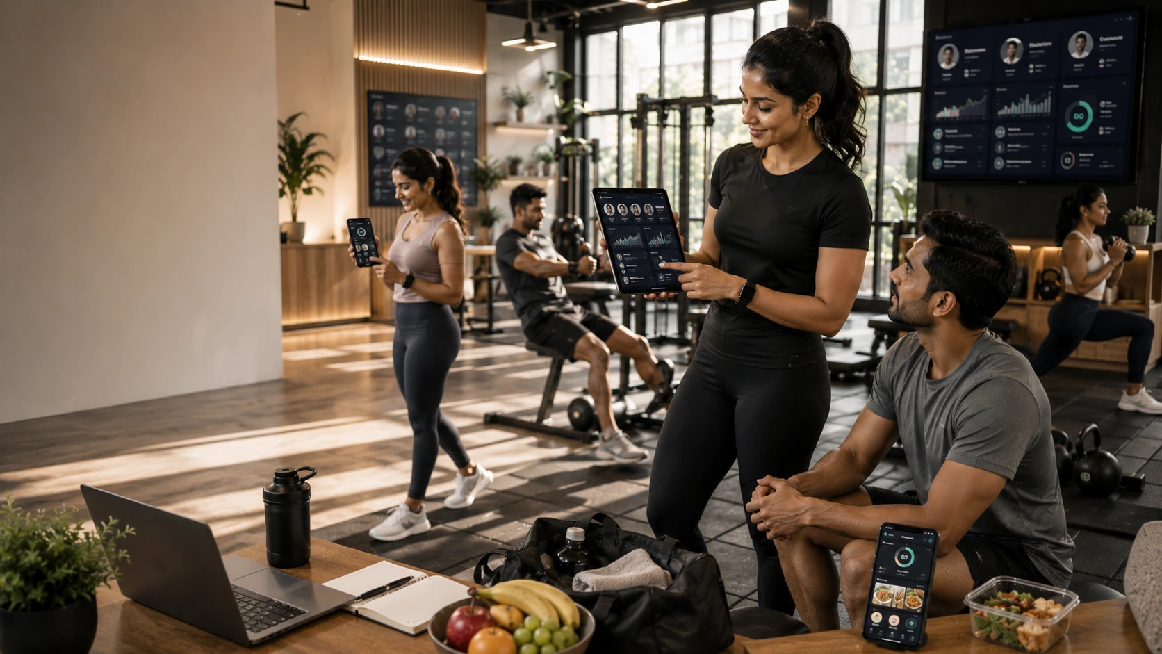 Indian personal trainer using digital coaching software to manage online and in-person clients, create workout programs, track nutrition, monitor client progress, and grow their fitness coaching business.