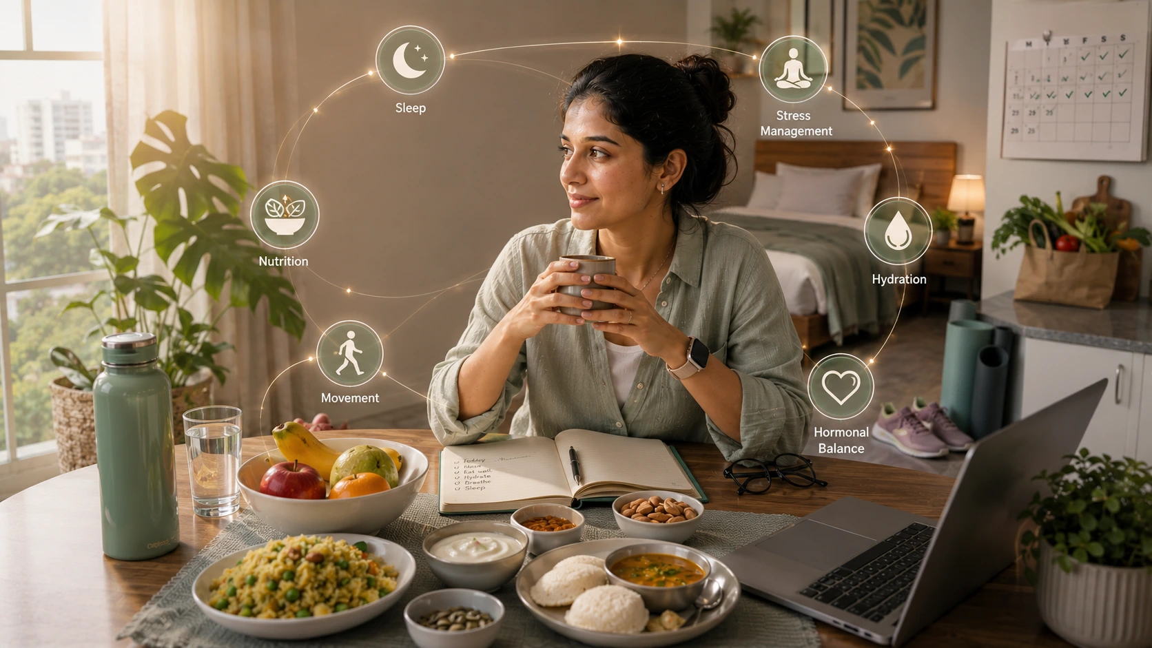 Indian working woman practicing healthy habits to support stress and hormones balance through nutrition, sleep, and daily routine.
