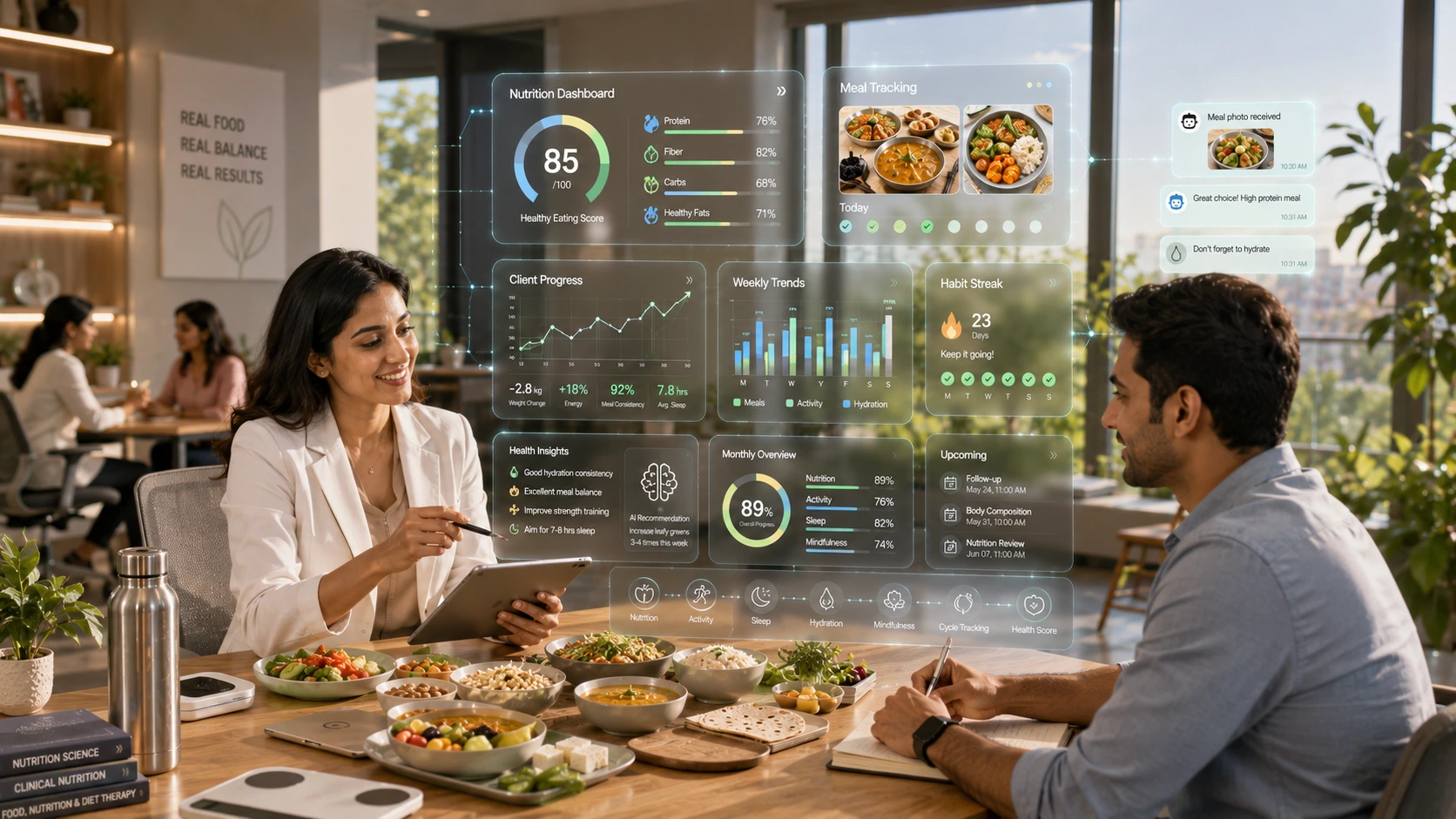 Indian nutritionist using nutrition practice management software to track client progress, meal plans, and online nutrition coaching