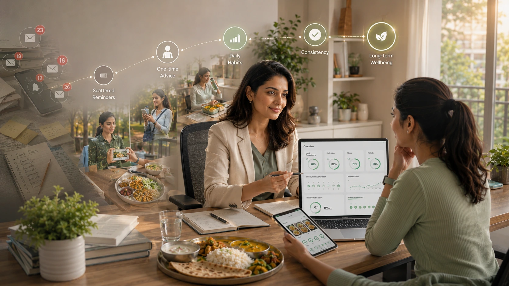 Nutritionist reviewing client progress using nutrition client engagement strategies and digital coaching tools.