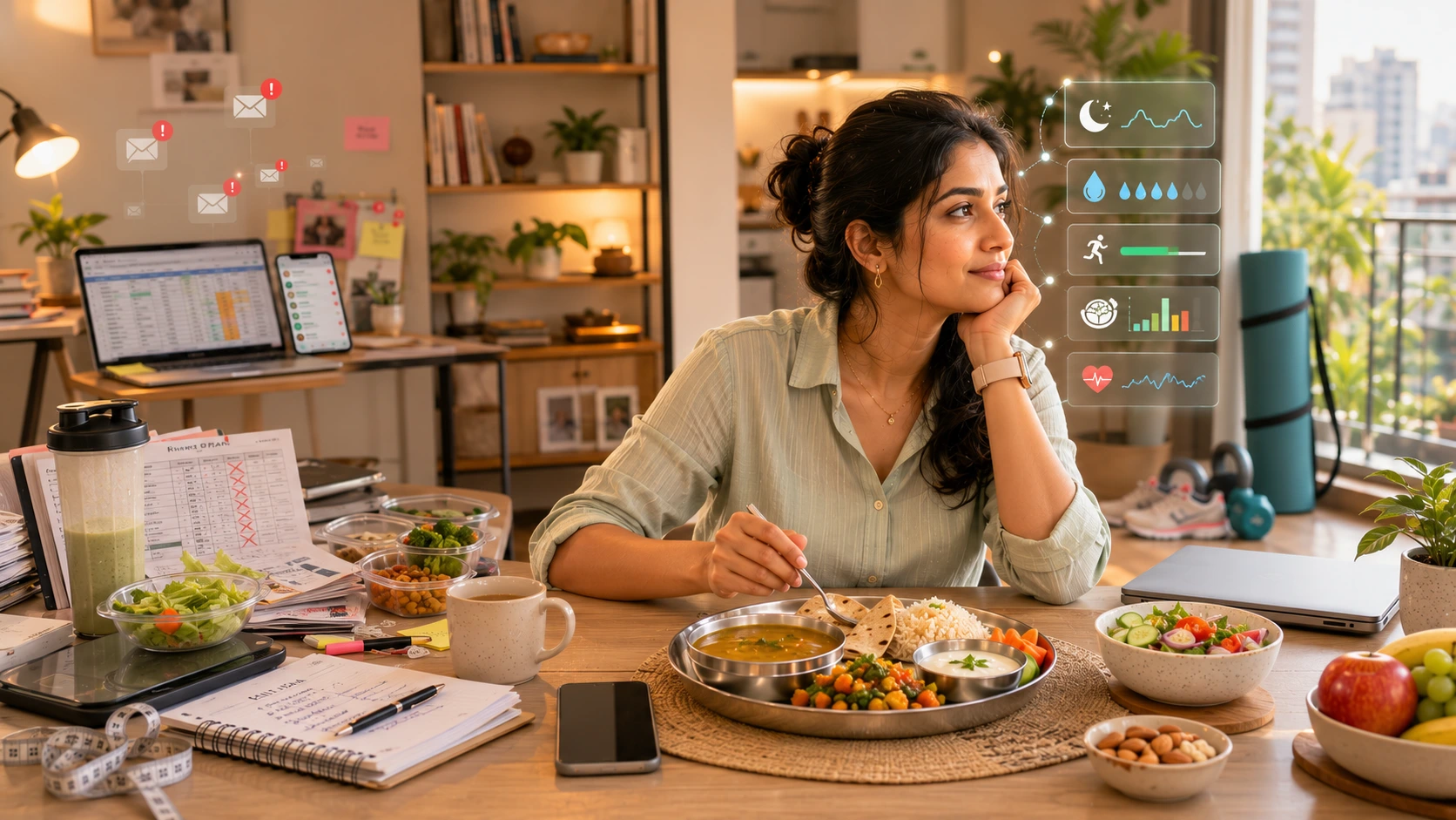 Indian adults comparing temporary dieting with sustainable lifestyle change, healthy eating, regular movement, better sleep, and long-term wellness habits.
