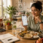 Indian professional comparing meal tracking and calorie counting while logging everyday Indian meals for healthier habits.