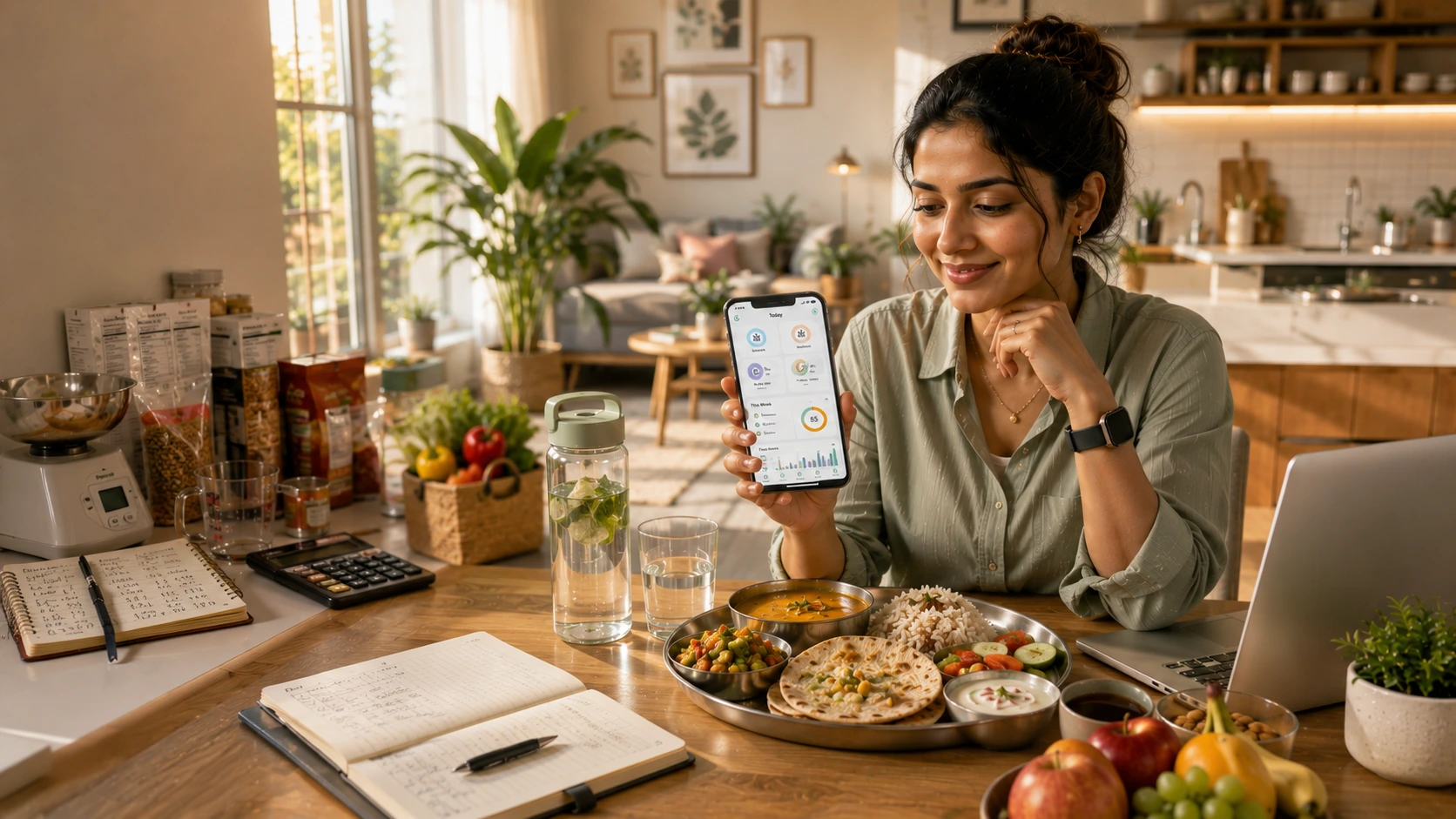 Indian professional comparing meal tracking and calorie counting while logging everyday Indian meals for healthier habits.