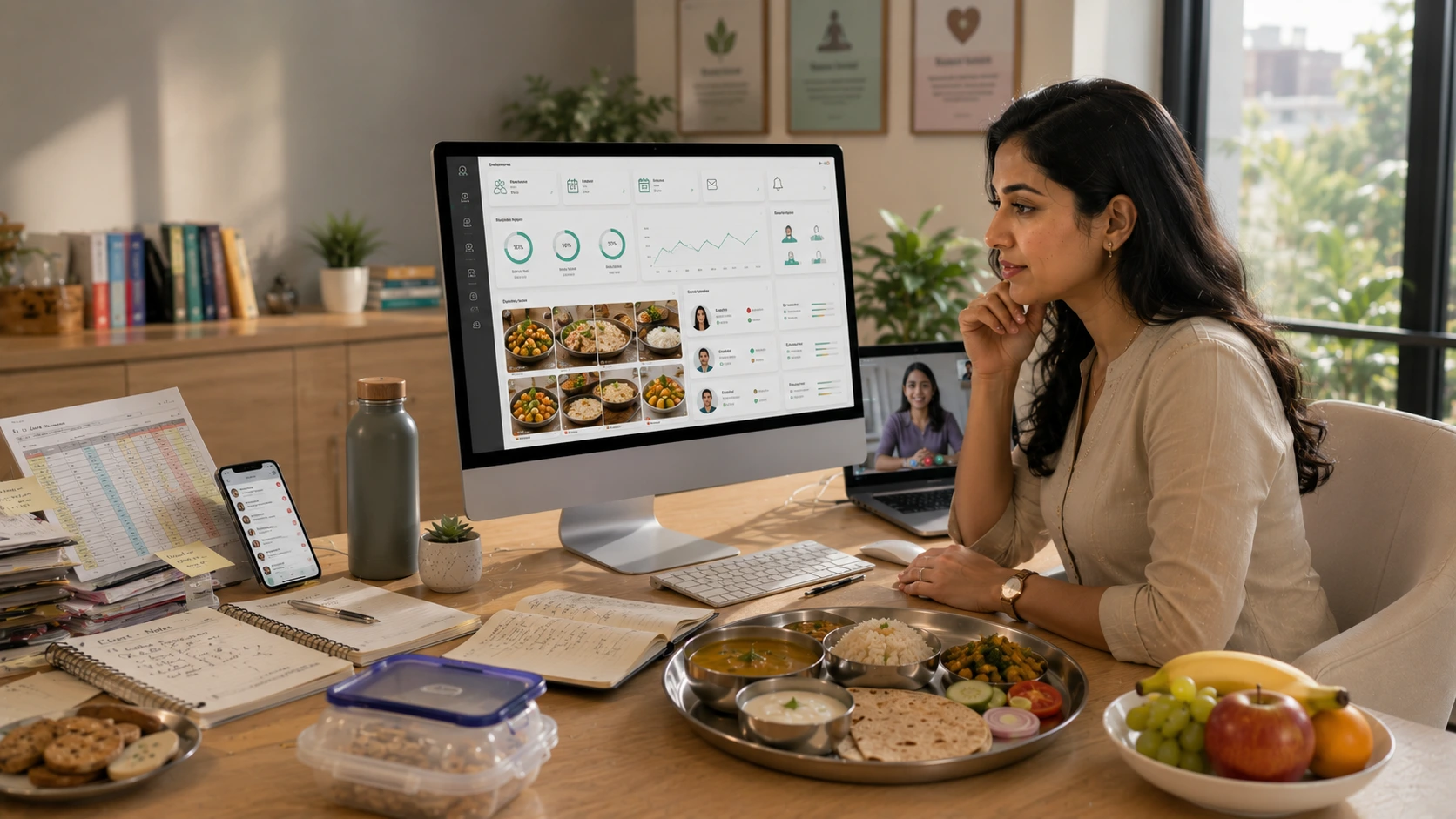 Indian nutritionist using nutrition tracking software to monitor client meals, habits, progress, engagement, and digital nutrition coaching workflows.