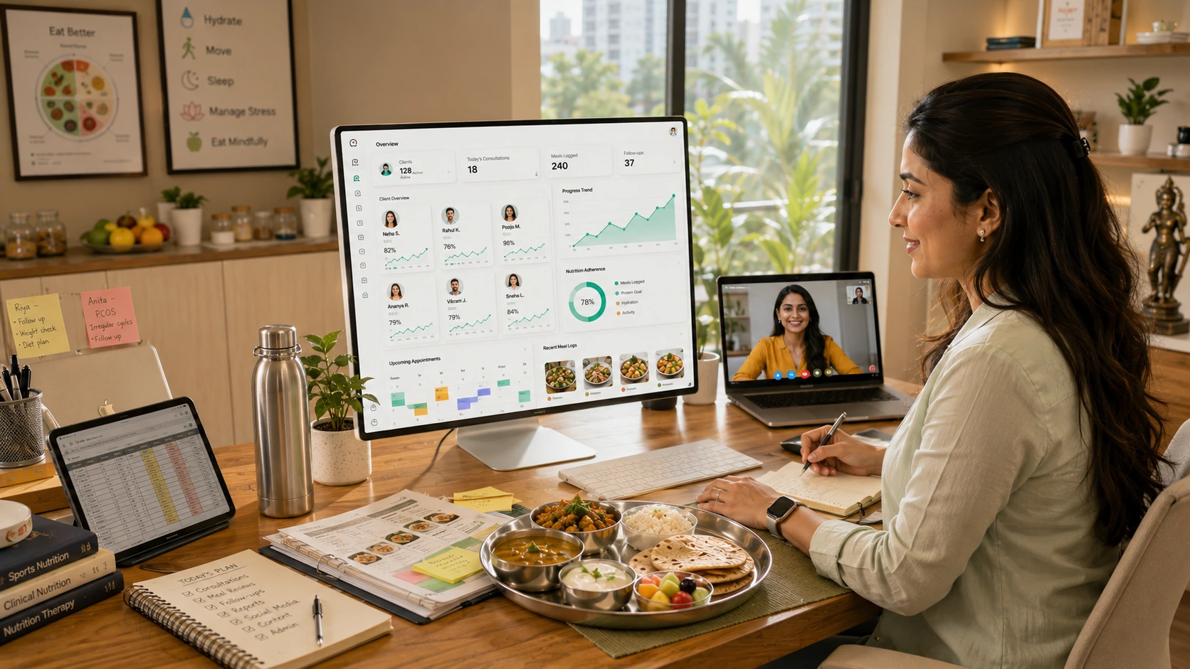 Indian dietitian using digital tools for online nutrition coaching, client tracking, virtual consultations, and nutrition practice management.