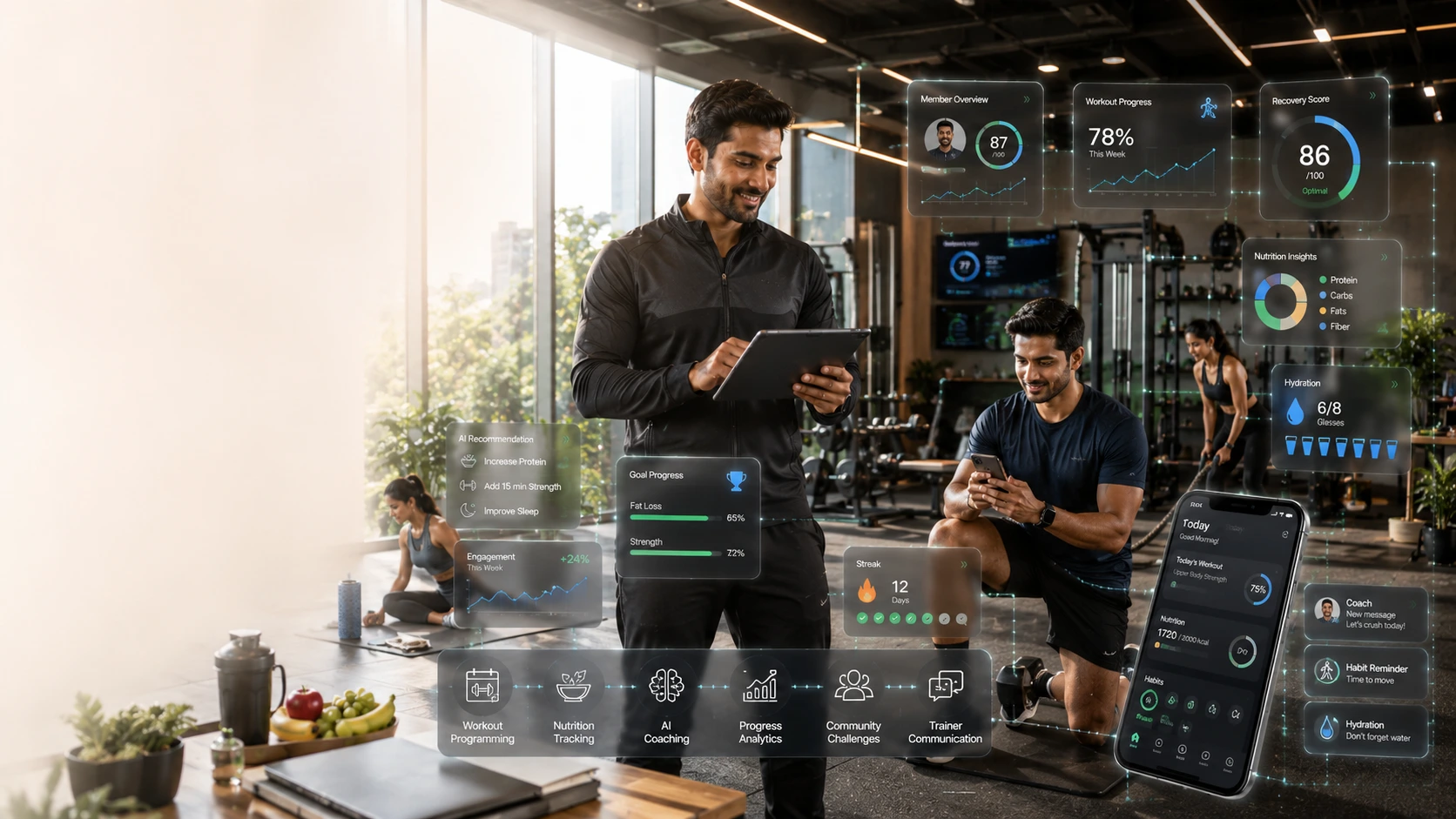 Modern Indian gym using AI-powered fitness software, member engagement dashboards, workout tracking, and nutrition technology.