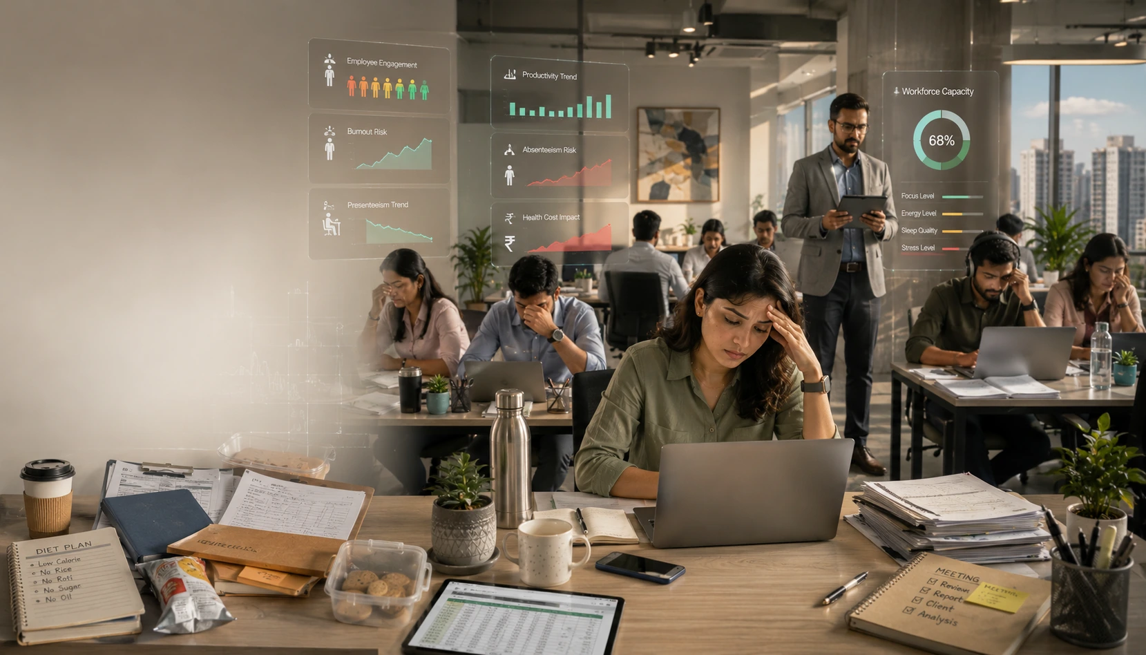 Indian employees experiencing fatigue, workplace stress, and burnout illustrating the business impact of poor health and the importance of workplace wellness engagement.