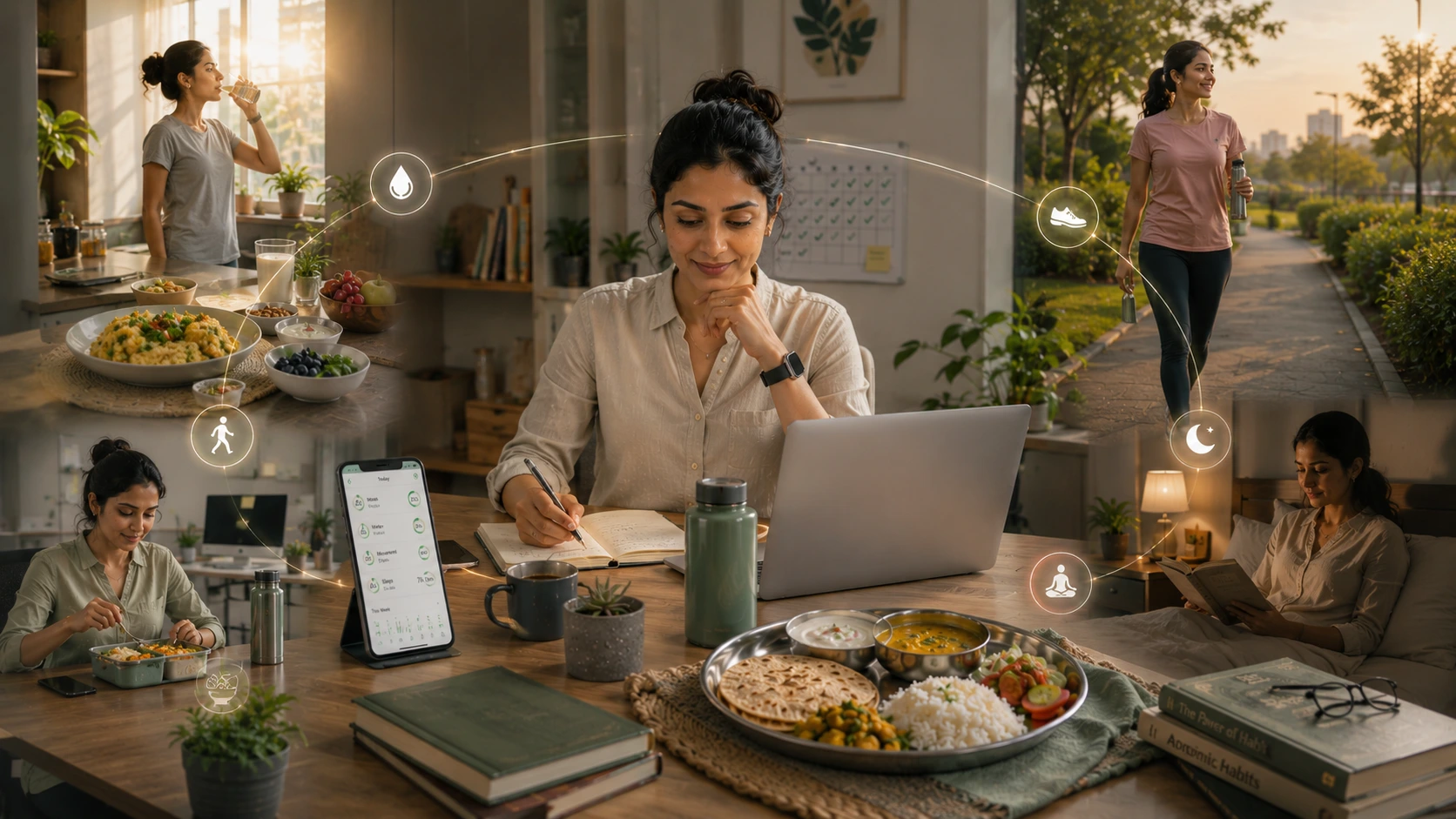 Young Indian professional building healthy habits through simple daily routines like walking, hydration, and meal tracking.