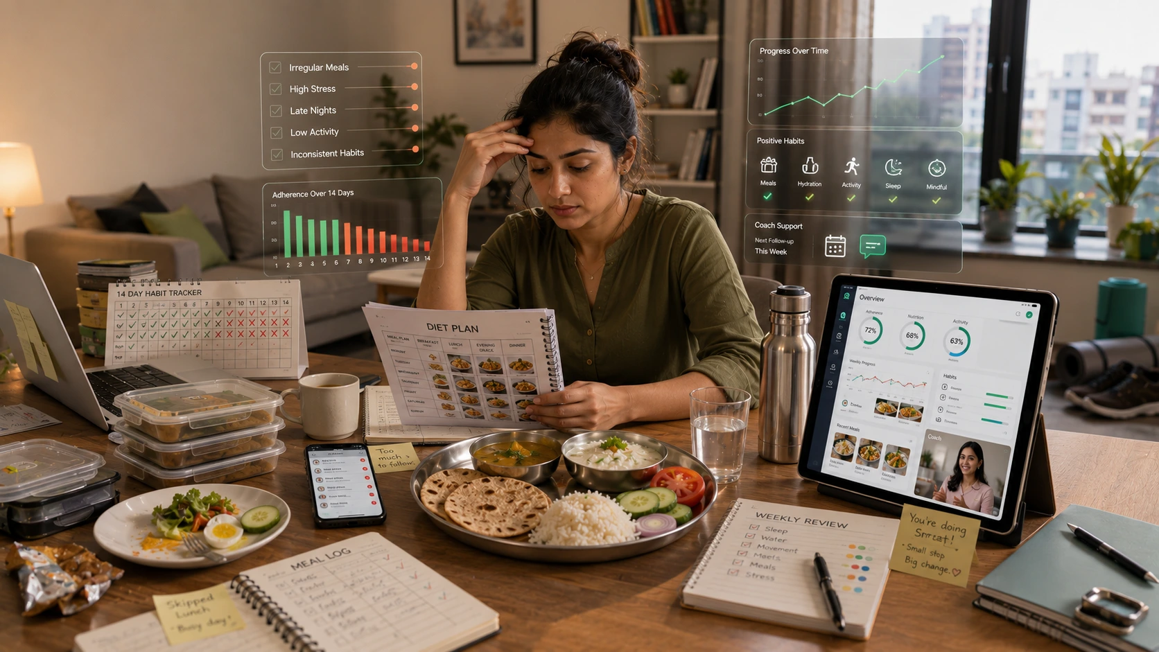Indian nutritionist reviewing client adherence nutrition, meal tracking, habit progress, and diet plan consistency with a client.