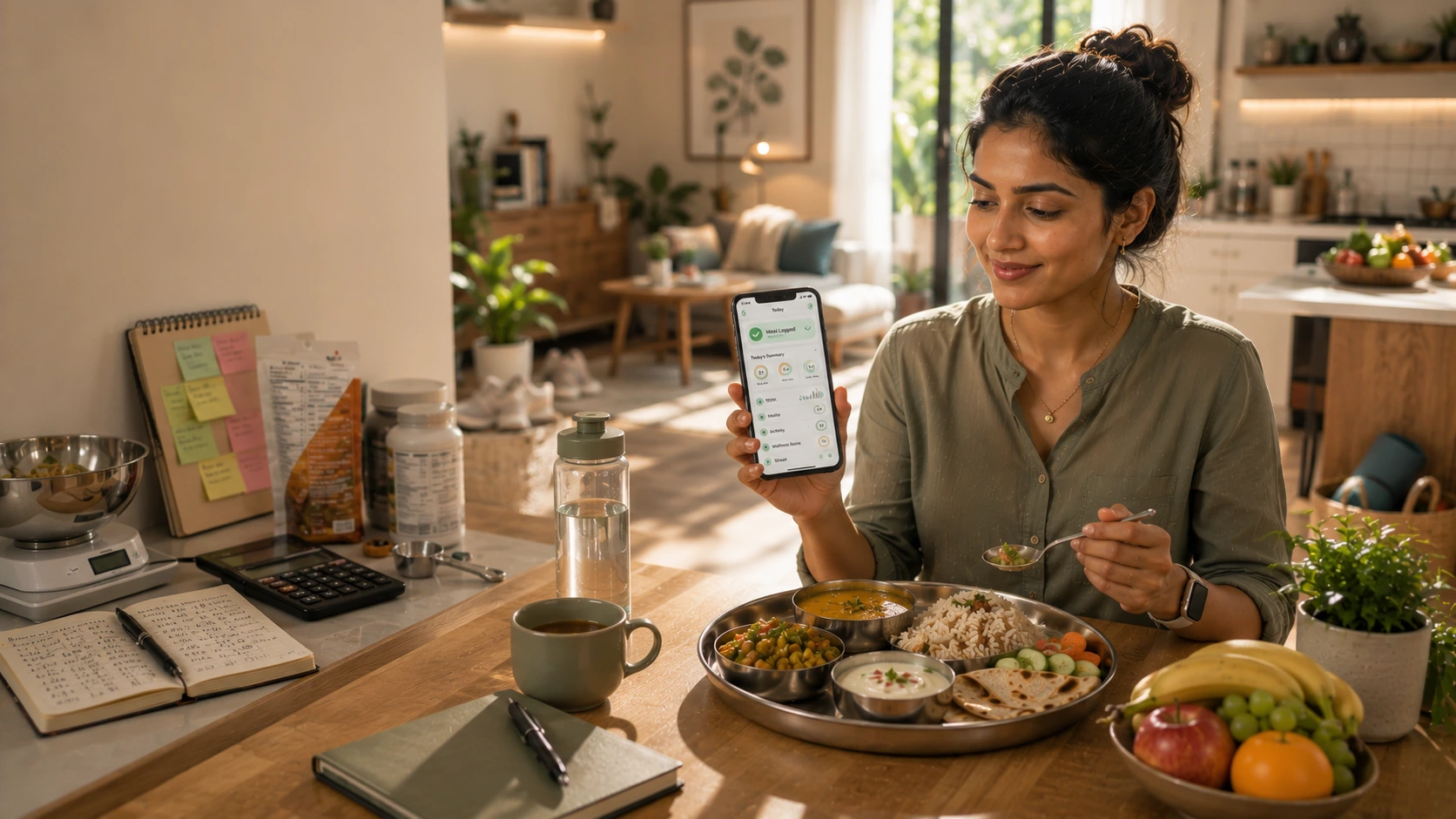 Indian professional using simple food tracking without calorie counting to build healthier eating habits with everyday Indian meals.