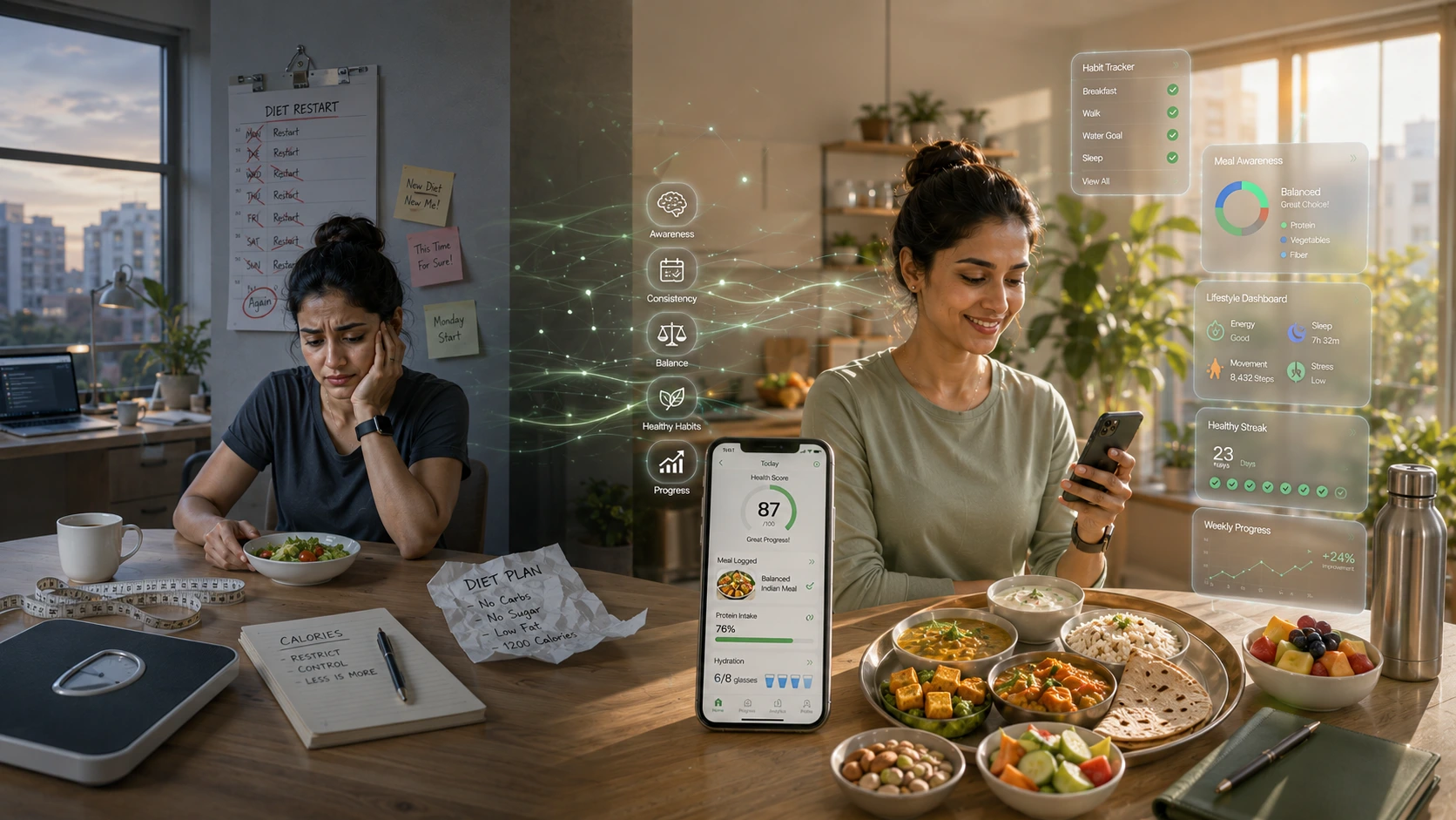 Woman choosing balanced Indian meals over restrictive dieting to achieve sustainable weight loss and healthy lifestyle habits.