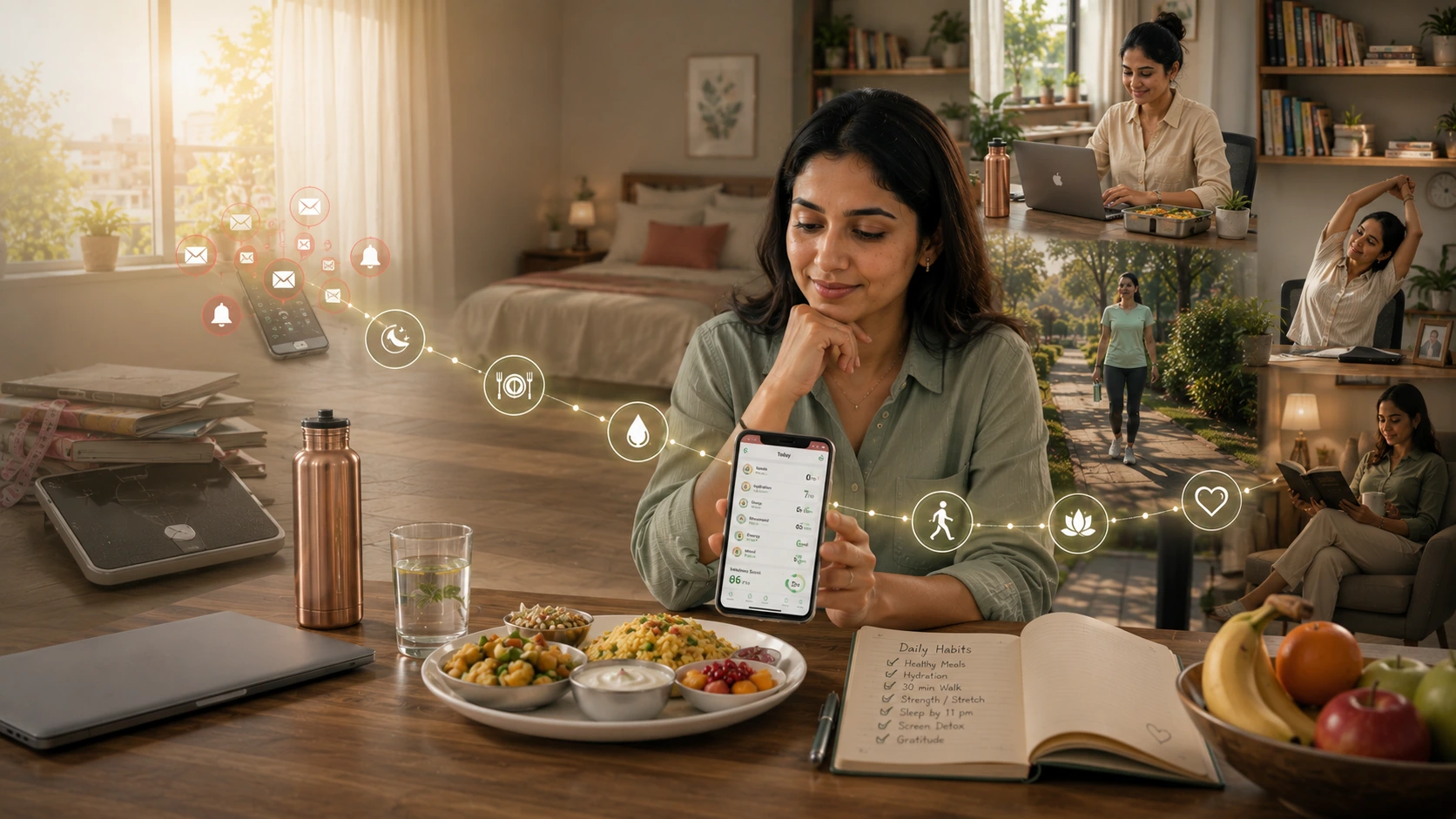 Indian woman monitoring meals, sleep, hydration, and activity as part of women health tracking for long-term wellness.