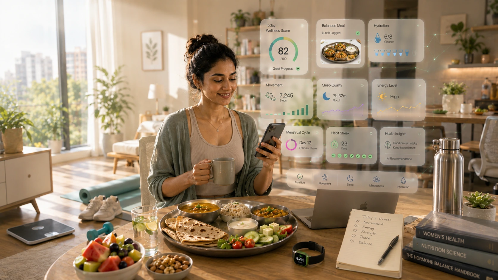 Indian woman tracking healthy meals, sleep, activity, and wellness habits to improve overall women's health beyond weight loss.